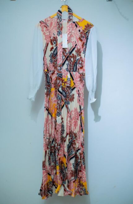 Peach Floral Pleated Long Dress