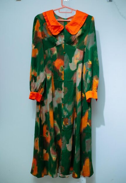 Dark Green & Orange Printed Long Dress