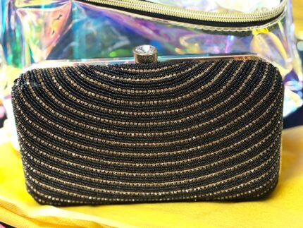 Women's Clutch Black Beads and Brown Diamond Studded